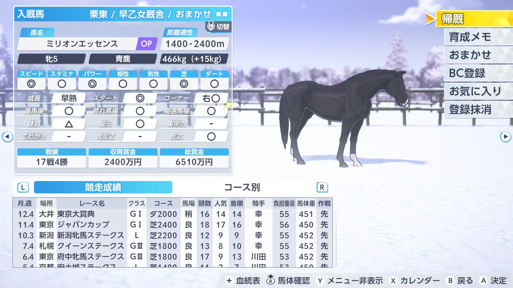 ダービースタリオン2のミリオンエッセンス馬ステータス画面