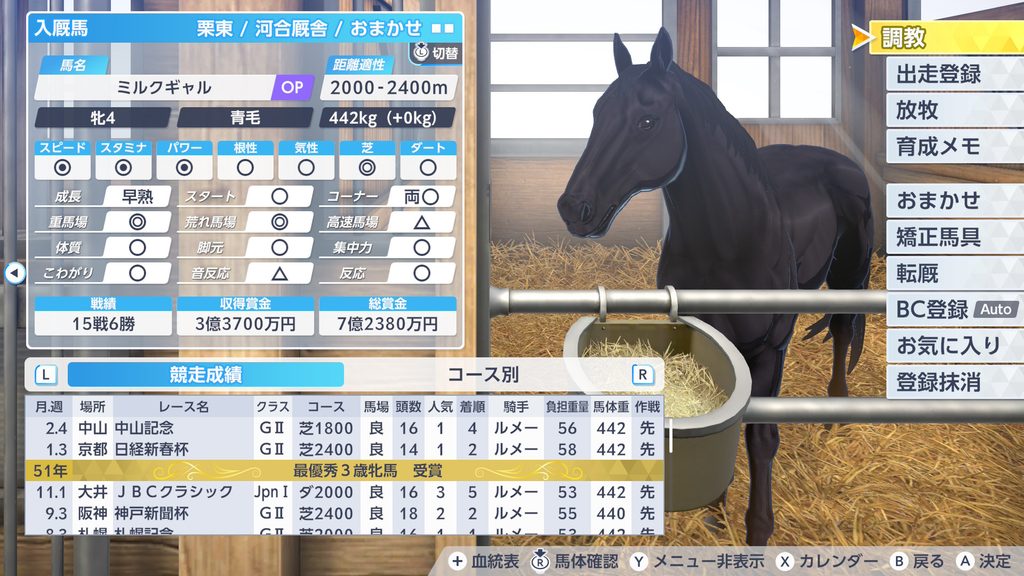 ダービスタリオン2の青毛馬の戦績画像