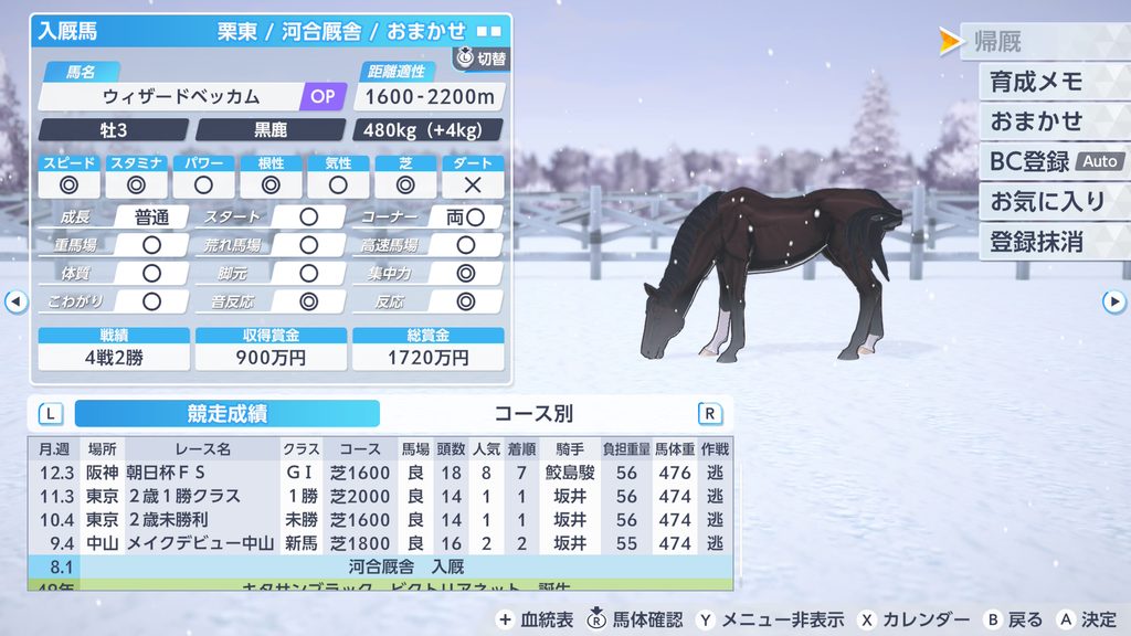 ダービスタリオン2の普通馬の2歳レース結果画面